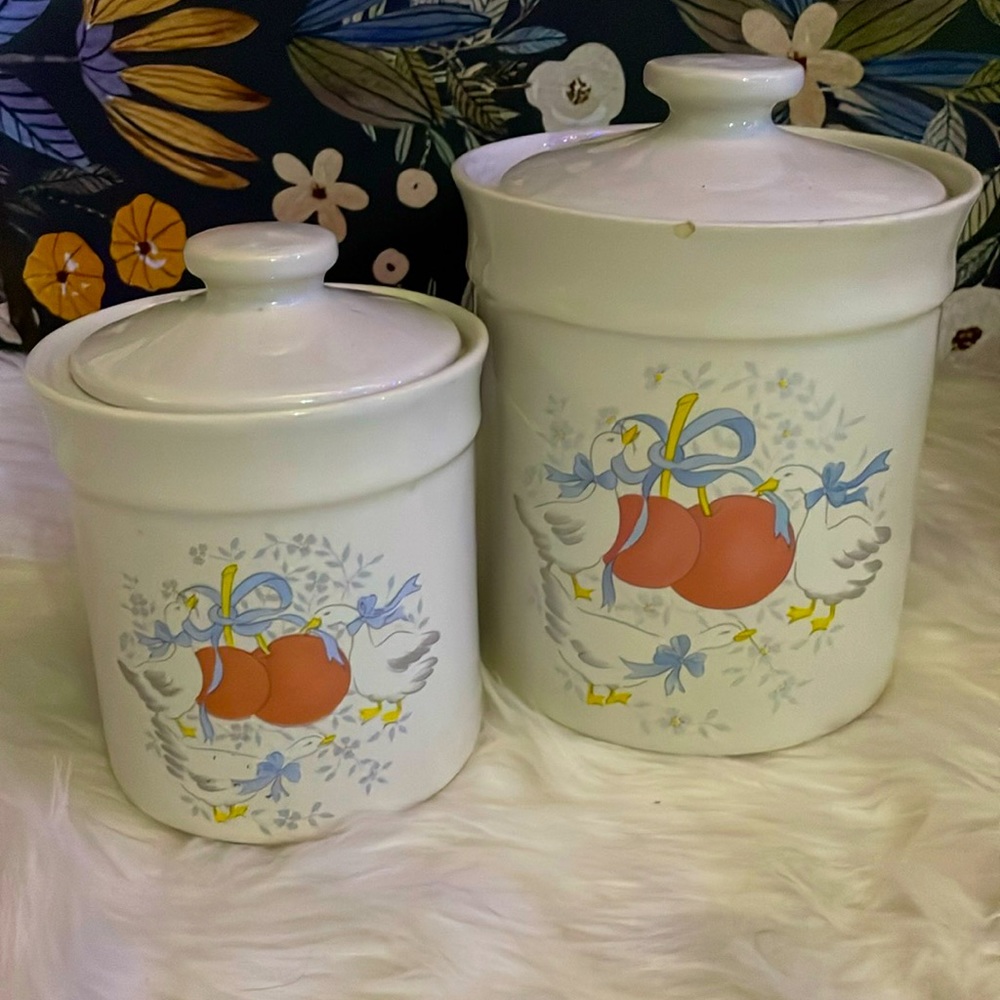 Vintage Geese and Cherries Canisters with Lids, set of 2